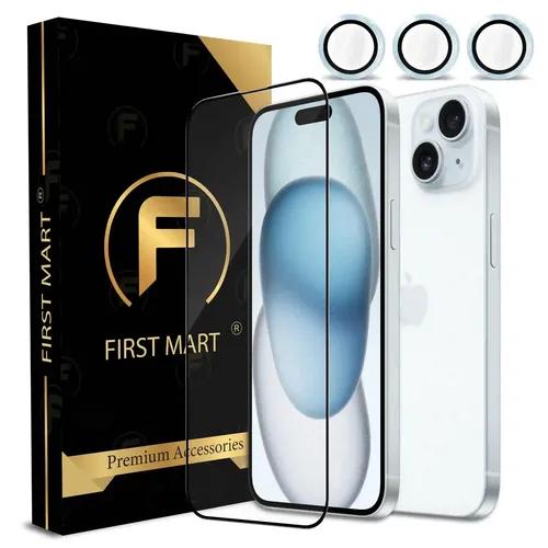 FIRST MART for iPhone 15 Tempered Glass and 1 Set of Individual Blue Camera Rings Protectors, 2.5D Curved Edges, Full-Coverage Military-Grade Protection, Scratch Resistant | Blue Rings