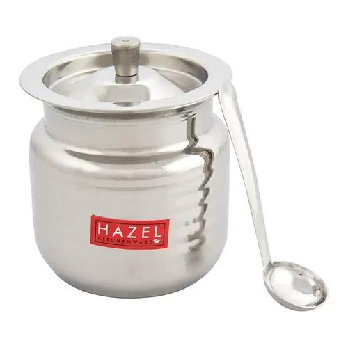 HAZEL Ghee Pot With Spoon | Stainless Steel Hammered Finish Ghee Container For Kitchen | Premium Oil Container With Lid For Pooja Items, 400 ML