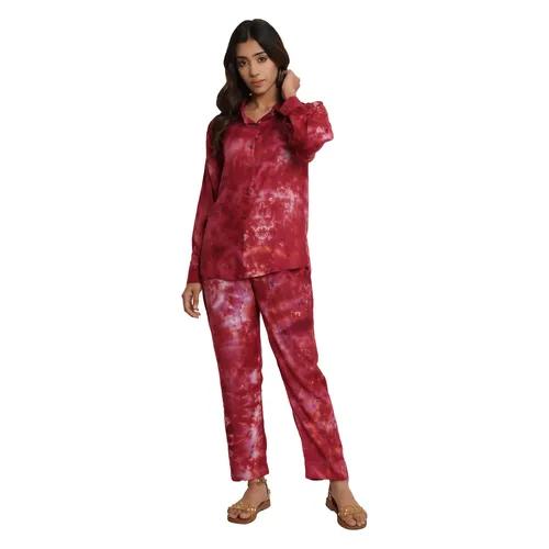 Maroon Tie And Dye Rayon Short Co-Ord Set (Set of 2) - X-Small