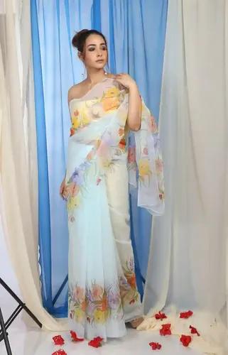 Pure Organza Hand-Painted Sky Blue Saree With Multi Color Flower Design