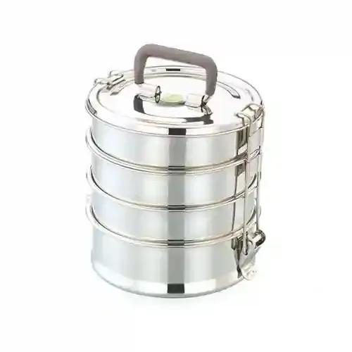 Jvl Medium Round Stainless Steel Lunch Box - Travelling Set With 4 Compartments And 1 Airtight Plastic Box