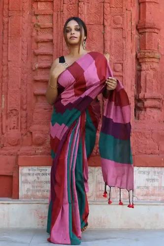 Pure Cotton Pallu Stripes Saree - Multicolor