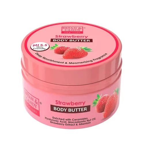 BRYAN & CANDY Strawberry Body Butter pH 5.5 for 72Hrs Moisturization. Enriched with Ceramides, Hyaluronic acid, Strawberry extract & Shea Butter| Non-Sticky Moisturizer for Women & Men (200gm)