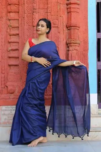 Pure Cotton Plain Saree - Deep Blue