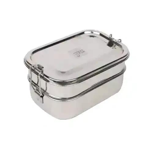 Jvl Stainless Steel Lunch Box For Kids, Double Two Layer Tiffin Box For School And Office Use With Inner Plate - Rectangle - Medium Size