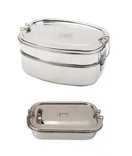 Jvl Stainless Steel Rectangular Single Layer Lunch Box With Inner Plate & Big Deluxe Double Layer Lunch Box Not Leak Proof - Pack Of 2