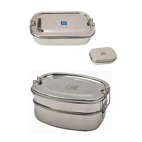 Jvl Stainless Steel Rectangular Single Layer Lunch Box With Small Container & Big Deluxe Double Layer Lunch Box With Inner Plate Not Leak Proof - Pack Of 2