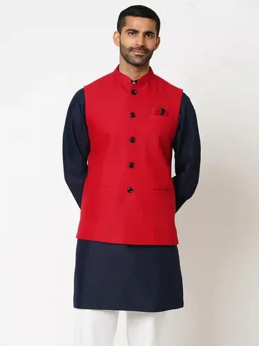 Indivisual Men's Twill Weave Crimson Red Nehru Jacket - S(Red)