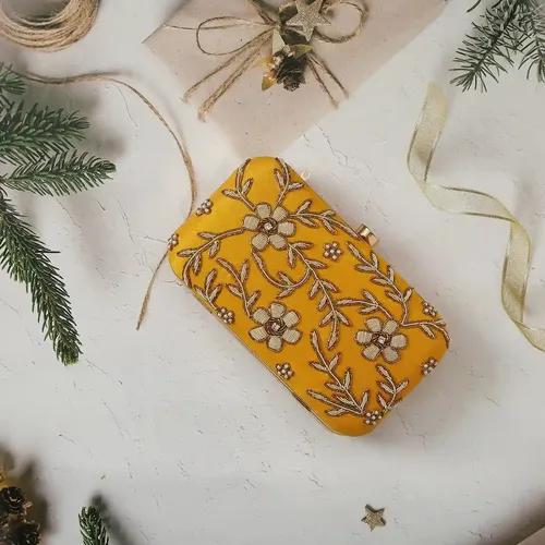 Embroidered Designer Box Clutch For Women - Yellow