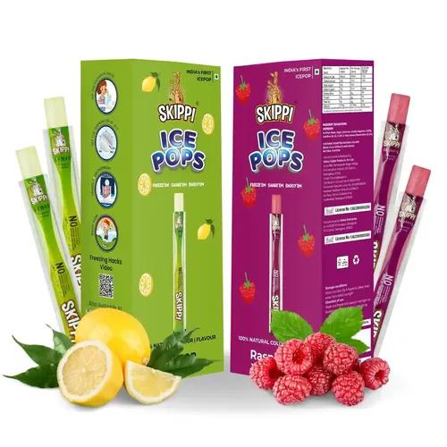 SKIPPI ICE POPS 100% Natural Freezer Pops, Juice Bars, Ice Pops-Raspberry & Lemon Flavors(12+12 Pops Boxes)