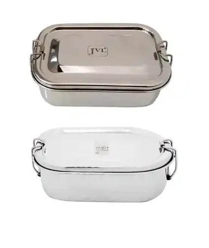 Jvl Stainless Steel Rectangular & Kar Shape Single Layer Combo Lunch Box With Inner Plate Small - Set Of 2