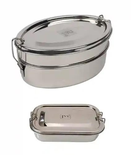 Jvl Stainless Steel Rectangular Single Layer & Small Capsule Shape Double Layer With Inner Plate Lunch Box - Set Of 2