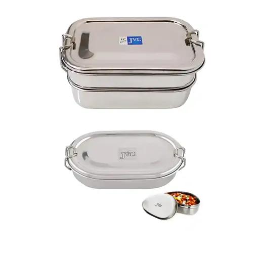 Jvl Stainless Steel Rectangular Double Layer Lunch Box With Inner Plate & Small Capsule Single Layer Lunch Box With Small Container - Set Of 3