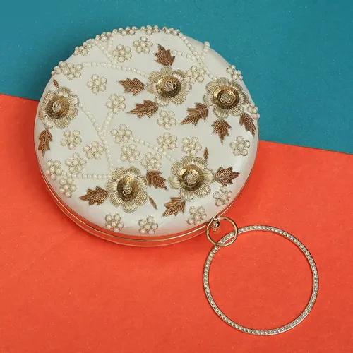 Women's Round Embroidery Clutch - White