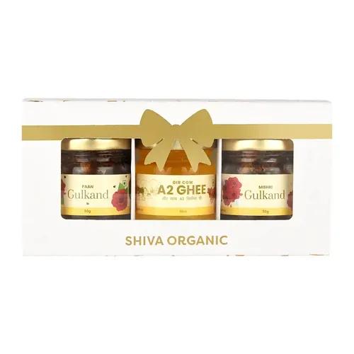 Shiva Organic White Gift Box - Gold Foiled (50g each - A2 Ghee + Paan Gulkand + Mishri Gulkand)